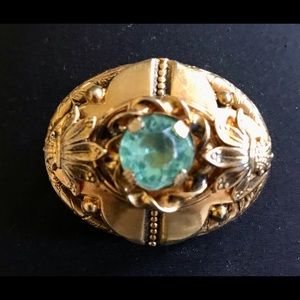 Fabulous ornate Victorian gold tone pin with teal stone